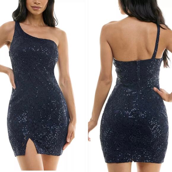 EMERALD SUNDAE Juniors One-Shoulder Sequin Lace Mini Dress Navy Size Medium - Picture 1 of 5
